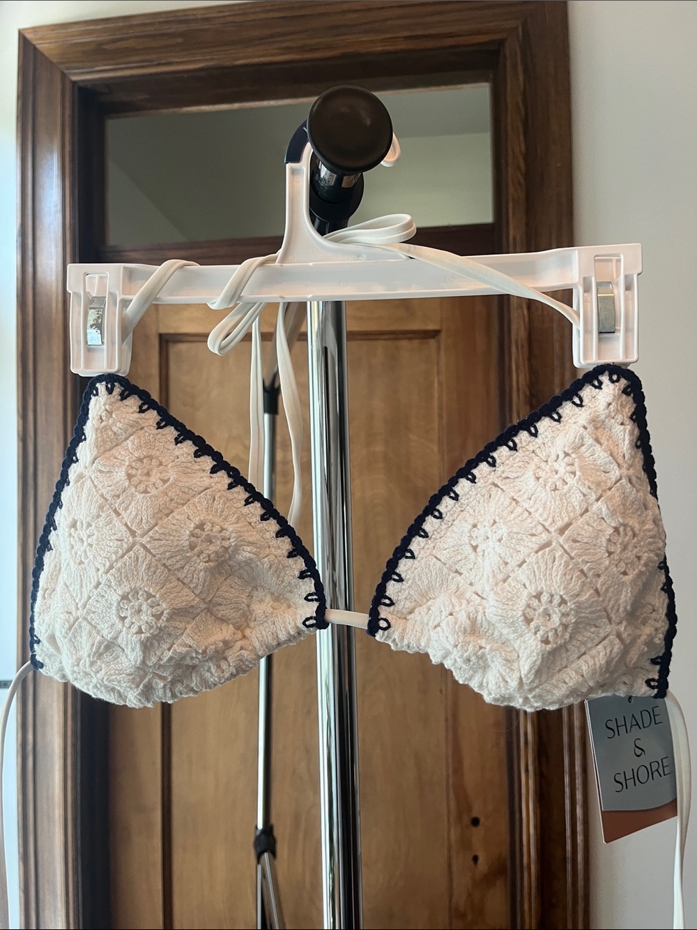 Shade & Shore Cream Crochet Triangle Bikini Top with Navy Trim